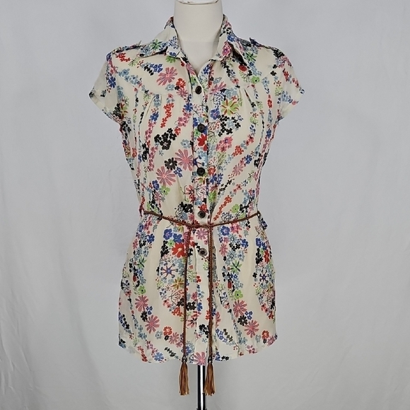 Floral Print Button Down Shirt with Belt - Picture 1 of 9